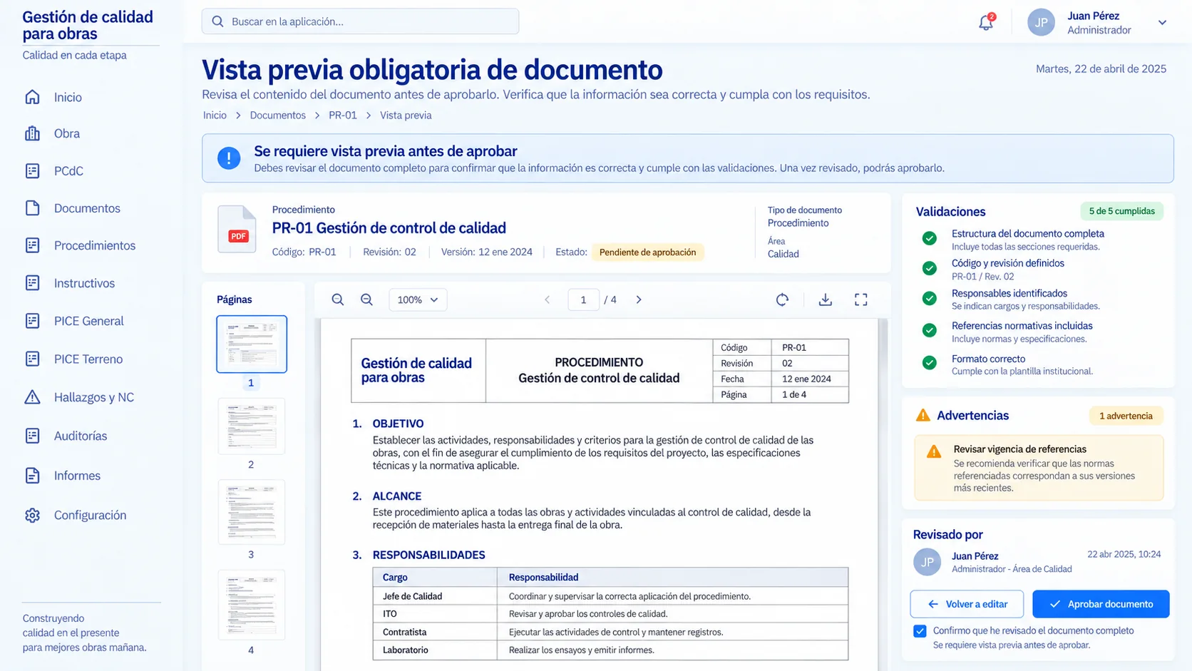 Imagen referencial: vista previa simulada de un procedimiento antes de su aprobación, con validaciones y advertencia